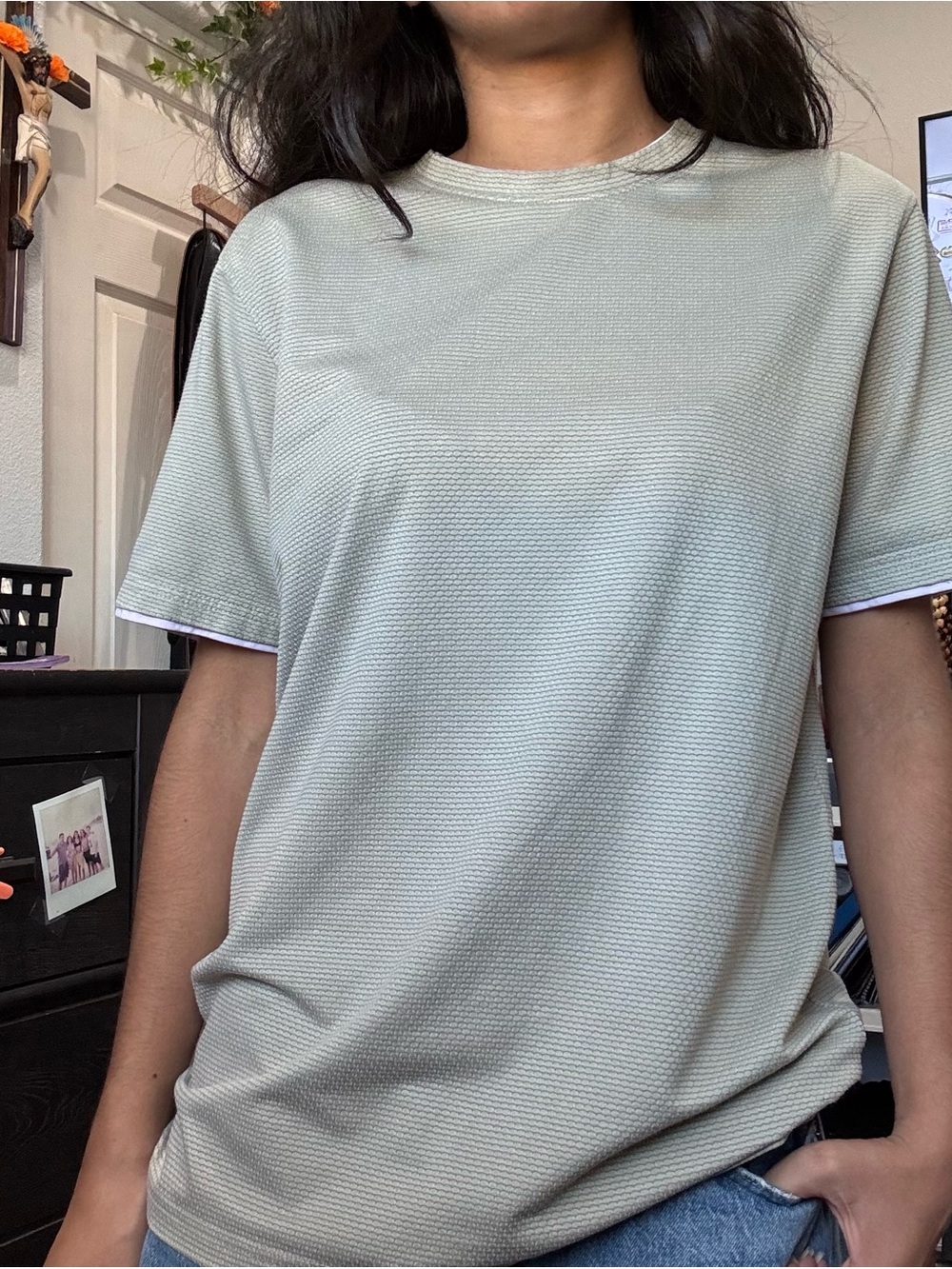 Light Sage Green with pink hem Women's Short-Sleeve Crewneck Top